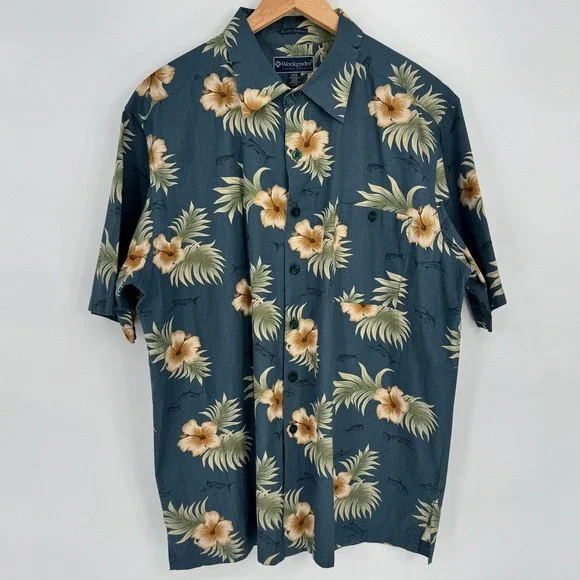 Weekender Mens Blue Hawaiian Floral Fish Print Button Up Shirt Size XL Camp - Picture 2 of 10